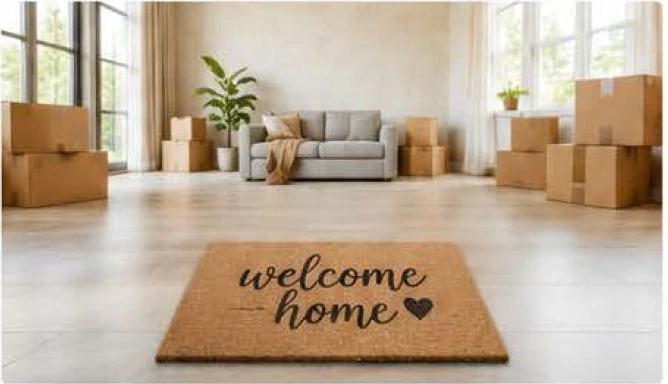 A welcoming new home surrounded by moving boxes, representing the moving lifecycle