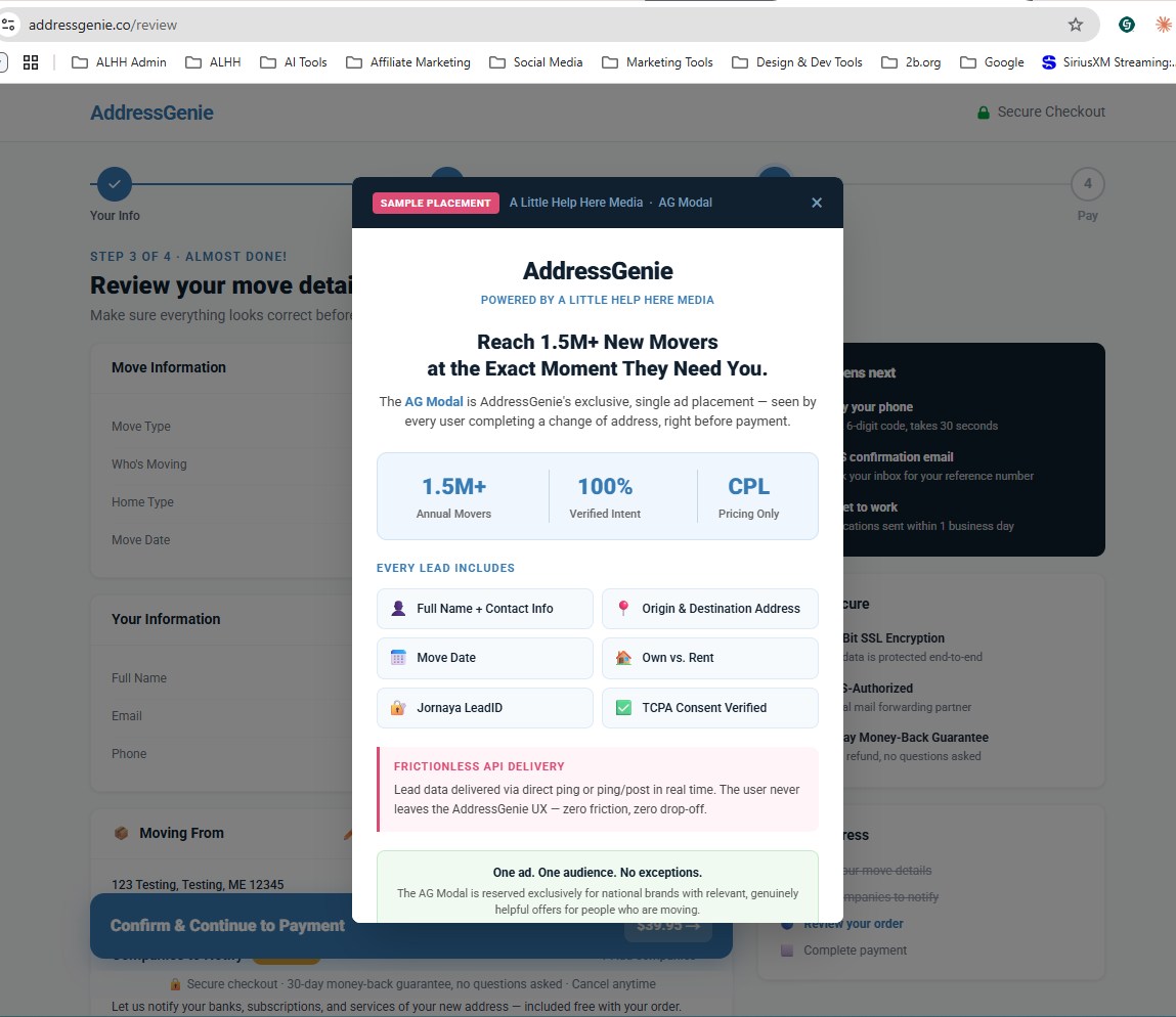 The AG Modal shown over the AddressGenie /review page