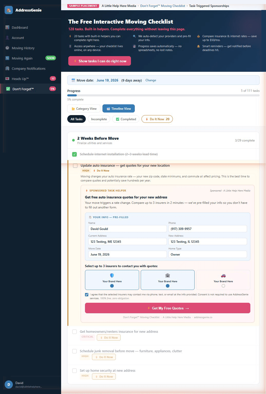 Don't Forget checklist with a sponsored task helper showing a pre-filled multi-quote insurance form