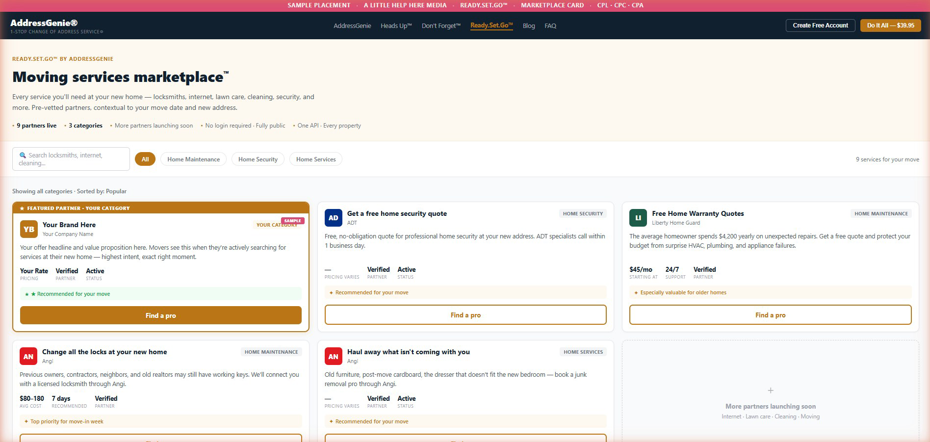 Ready.Set.Go marketplace showing partner cards and a featured Your Brand Here placement